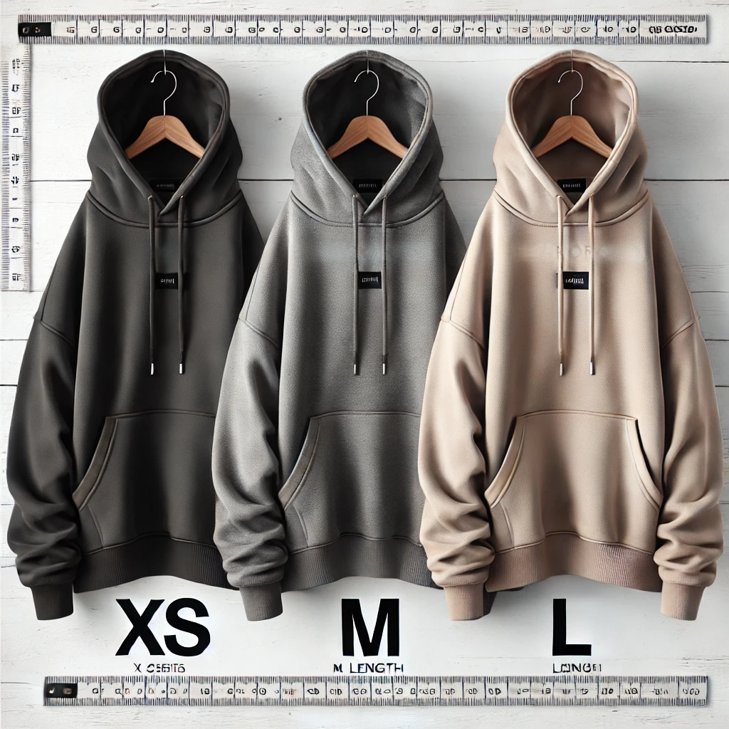 A realistic image showing three Fear of God Essentials hoodies in different sizes (XS, M, L) laid flat side by side. The hoodies are displayed in neut